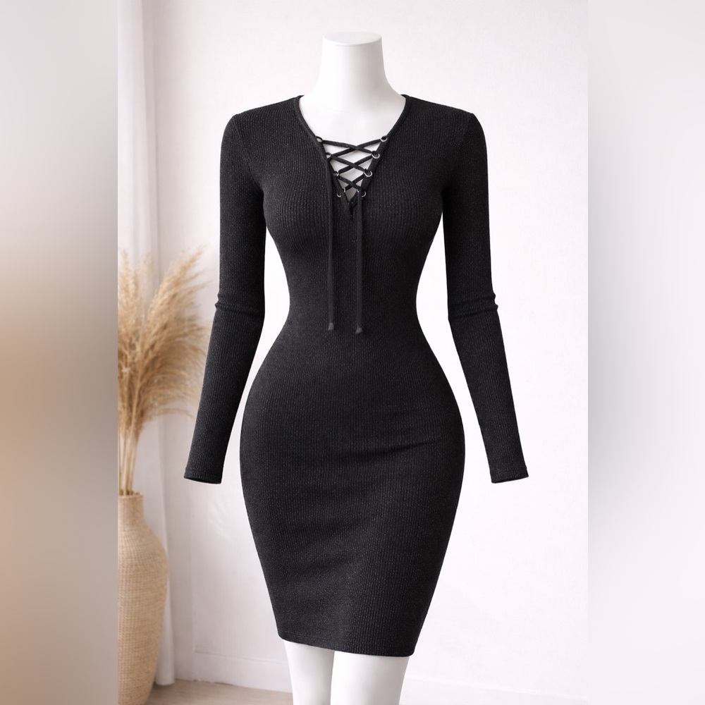VENUS Black Ribbed Lace-up Long Sleeve Shimmer Knit Midi Dress size S - Picture 2 of 6